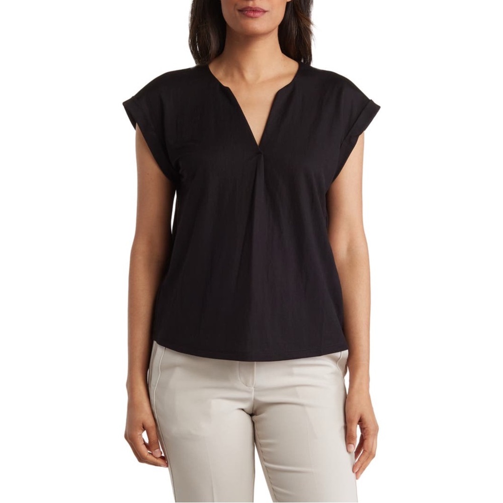 Black V-Neck Cap Sleeve Blouse – Casual Workwear Domain T-shirt Top for Women